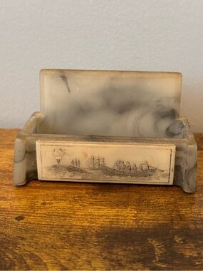Vintage Marble Alabaster Business Card Holder Whaling Scene Marine Office Decor